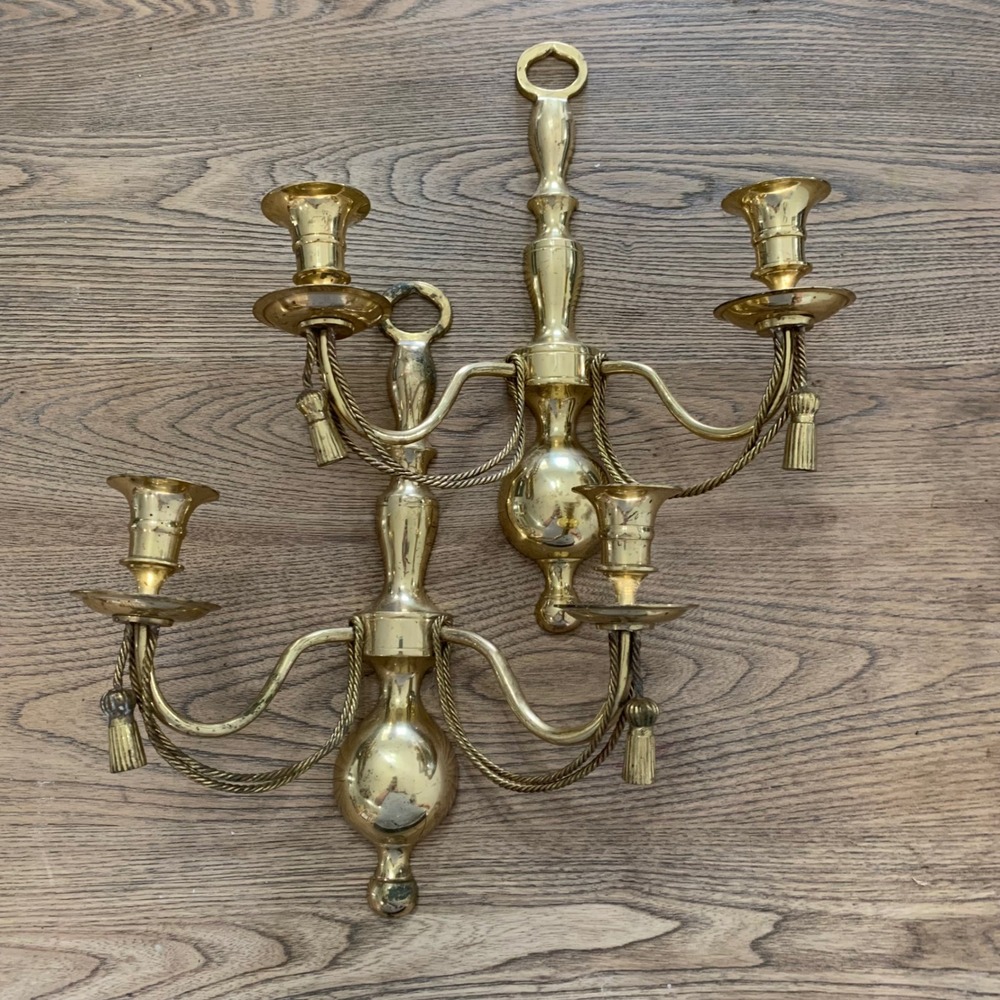 Vintage Solid Brass Double Arm Wall Sconce Candelabra Set Tassel Detail India
